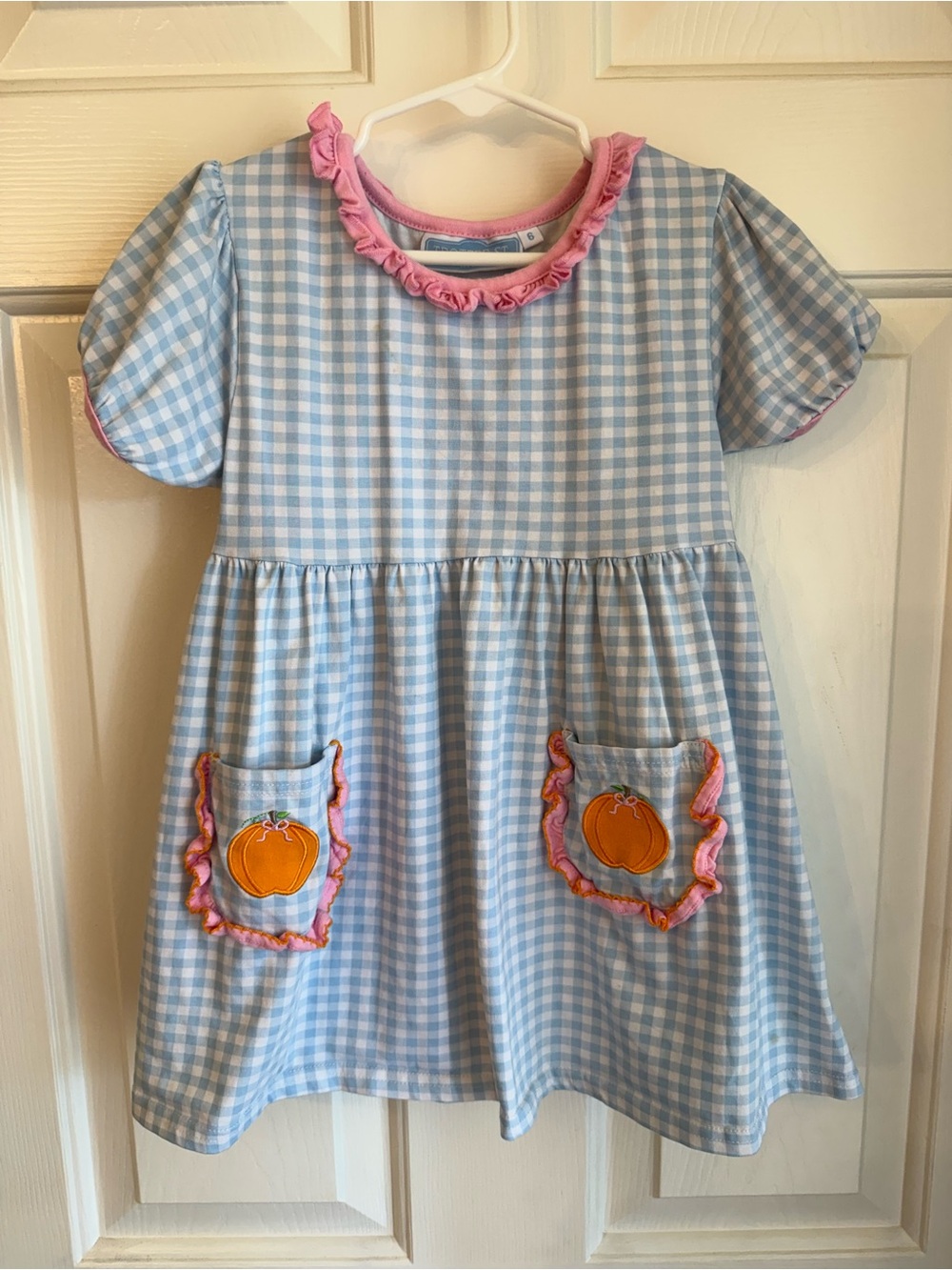 Blue Gingham Kids Dress with Pink Ruffle and Pumpkin Pockets